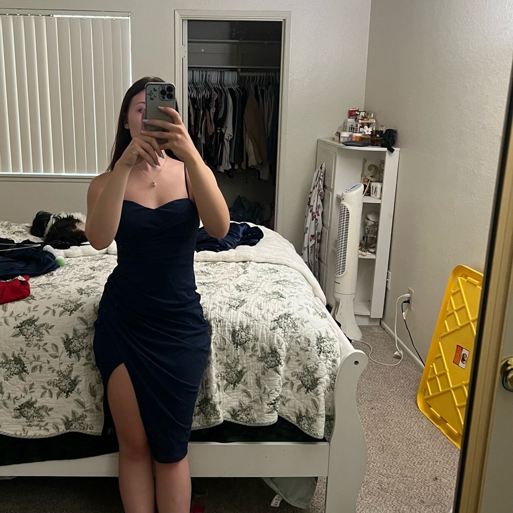 Semi-formal Navy Blue Spaghetti Strap Dress